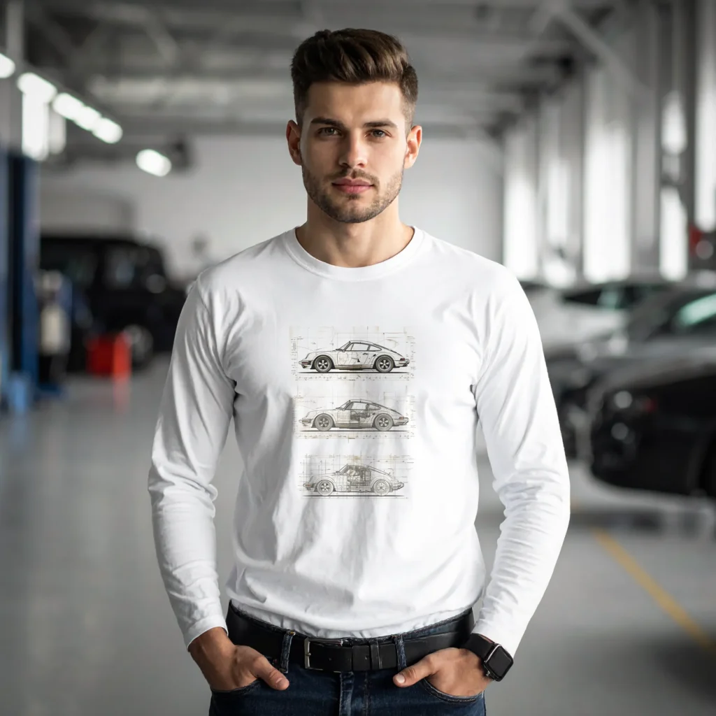 Long sleeve retro majica sa printom Porsche 911 blueprint ilustracije